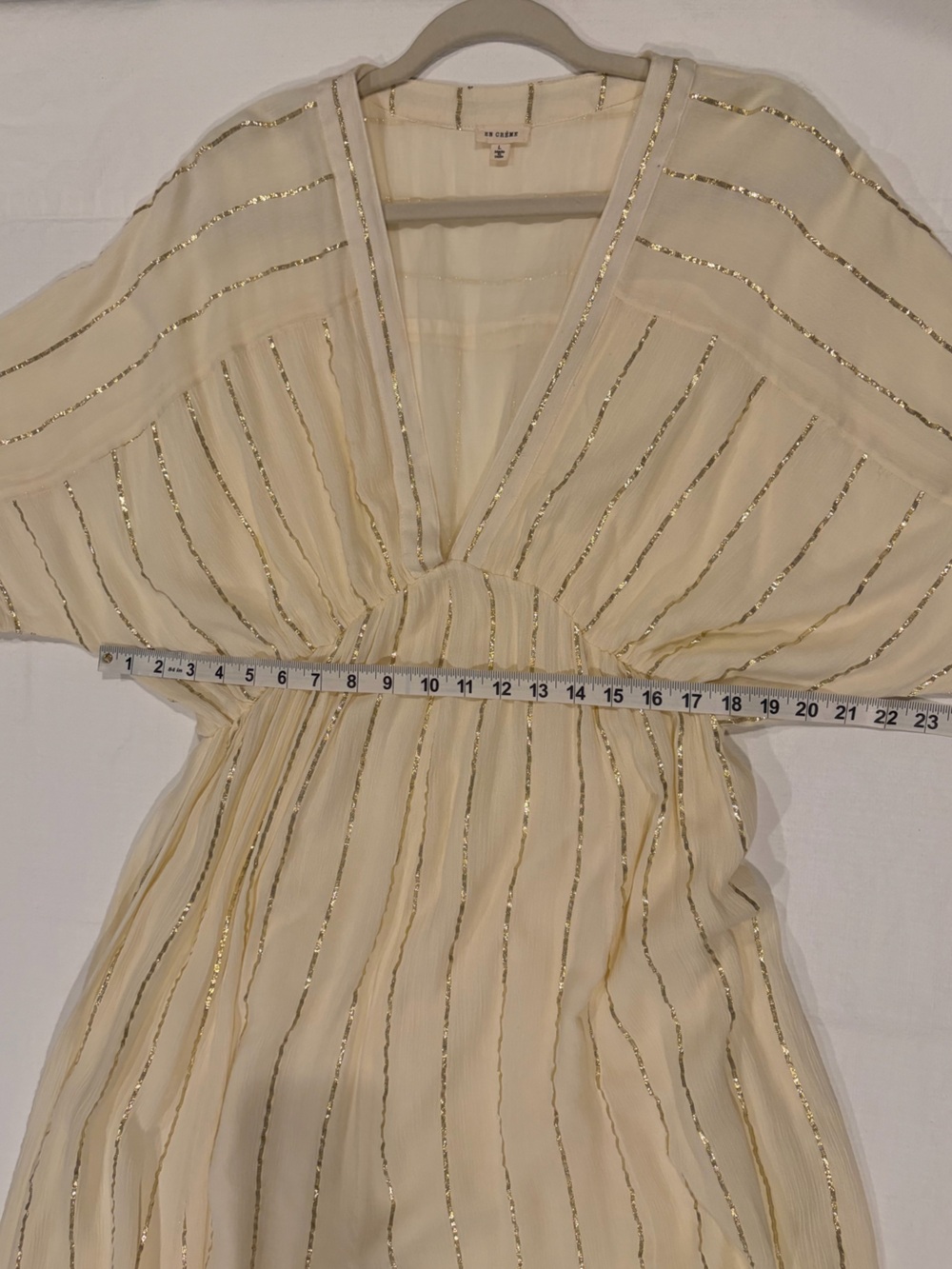 En Crème Sabrina Lurex Kimono Maxi Dress Cream Gold Stripes Asymmetrical Hem L - Picture 11 of 13